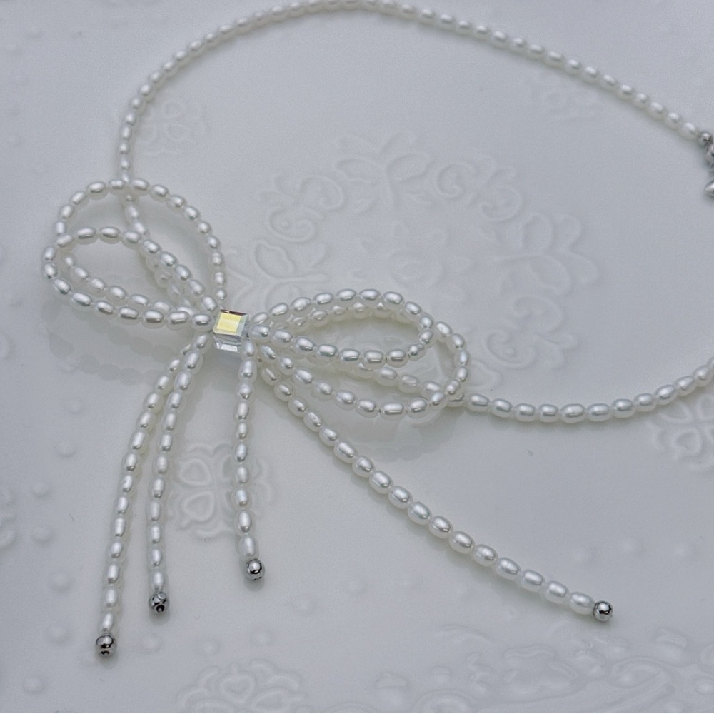 X359 S925 High Quality Freshwater Pearl Bow Necklace - Picture 4 of 8